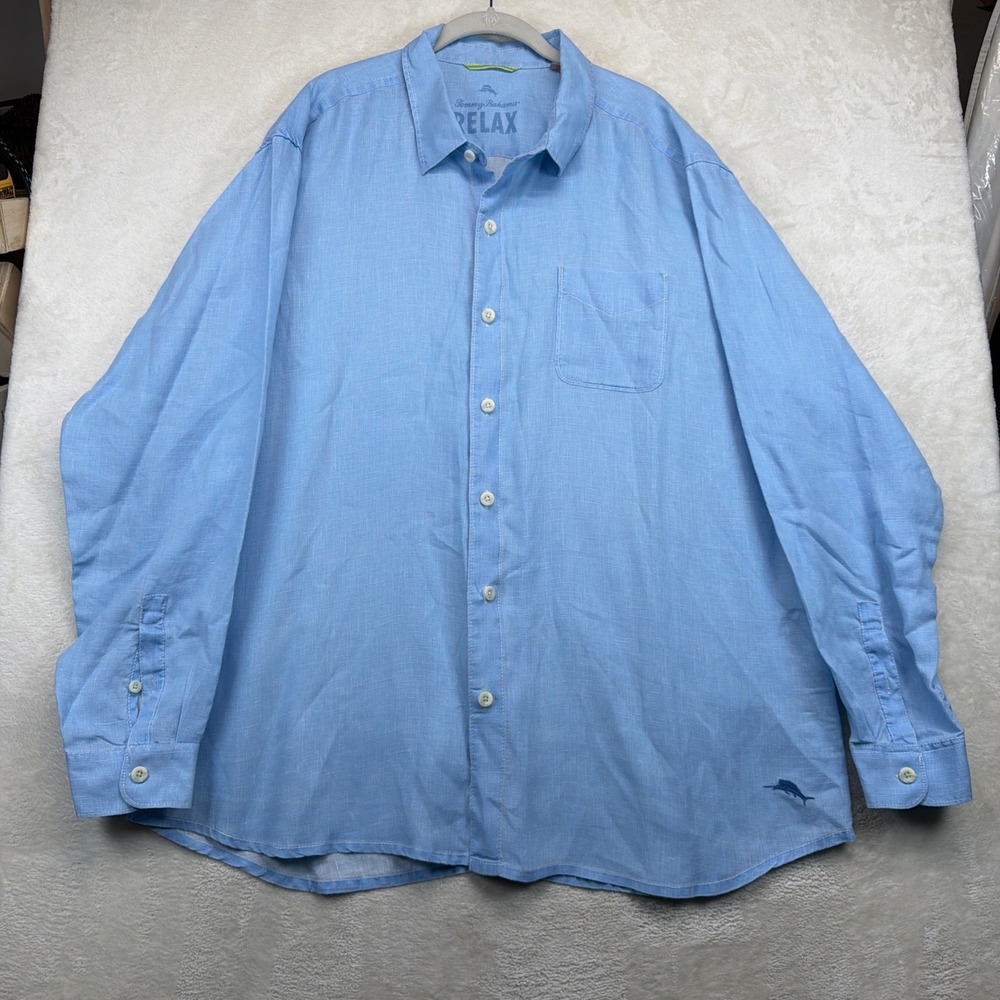 Tommy Bahama Relax Shirt Mens XXL Blue 100% Linen Long Sleeve Button Up